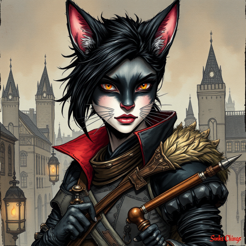 A female cat-like character in city background.