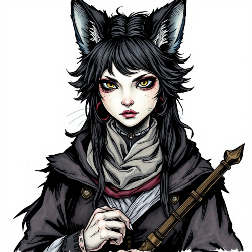 A female cat sorcerer with dark fur and staff.