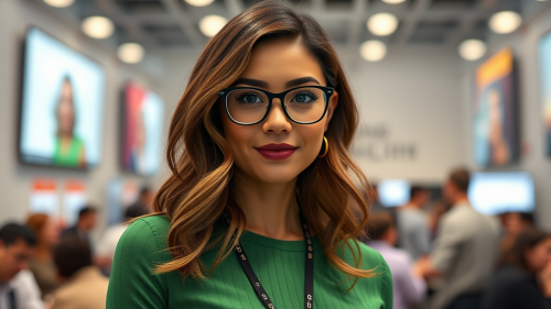 A female hostess in green clothes for congress.