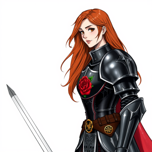 A female knight with long auburn hair.