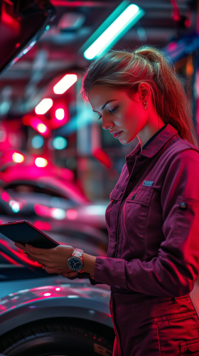 A female mechanic is checking Tesla diagnostics