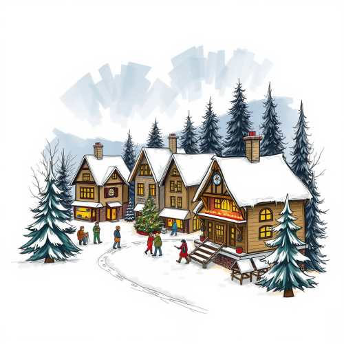 A festive Christmas village sketch.