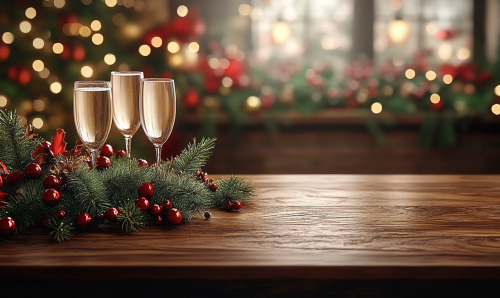 A festive table with champagne glasses and decorations