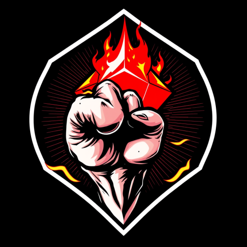 A fiery fist holds a red diamond.