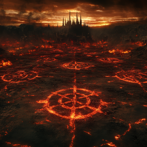 A fiery landscape filled with evil symbols