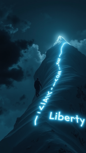 A figure climbs lit mountain towards goal. A figure climbs lit mountain towards goal.