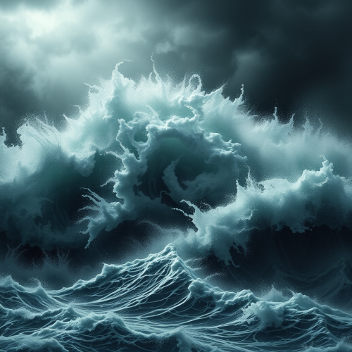 A figure overwhelmed by crashing waves.