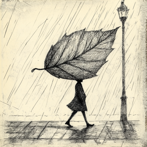 A figure with leaf umbrella walks in rain