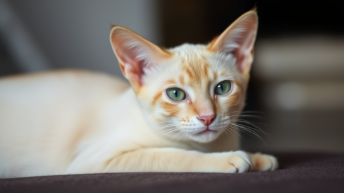 A flame point Siamese cat sitting gracefully.