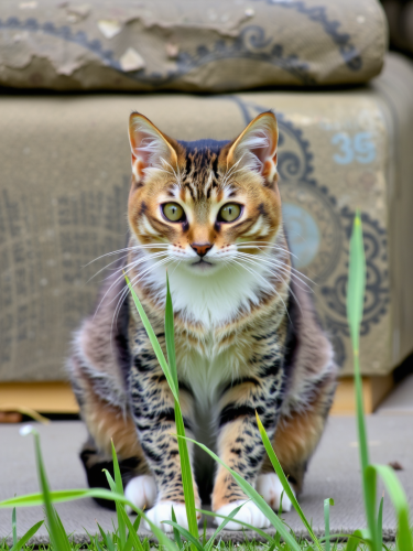 A fluffy cat with big eyes sitting.
