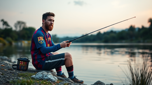 A football player in Barcelona jersey fishing by river. A football player in Barcelona jersey fishing by river.