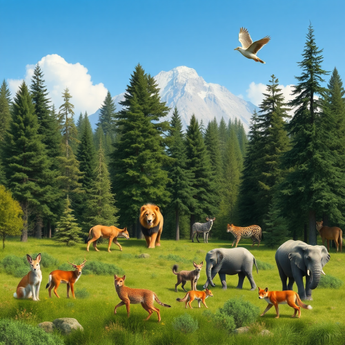 A forest with various animals under clear sky. A forest with various animals under clear sky.