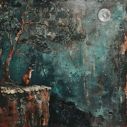 A fox gazes at full moon on cliff