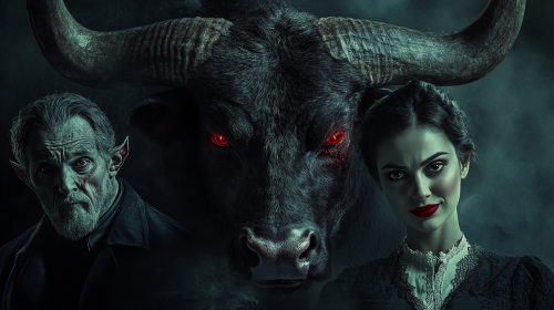 A frightening movie poster with bull, vampire, priest