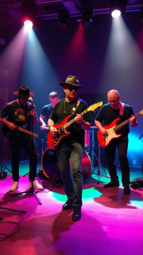 A funk band plays energetic music together.