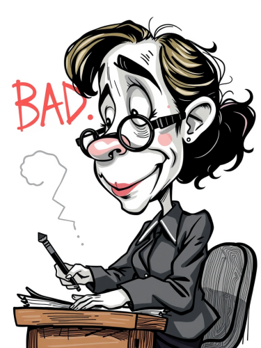 A funny teacher teaches students with exaggeration.