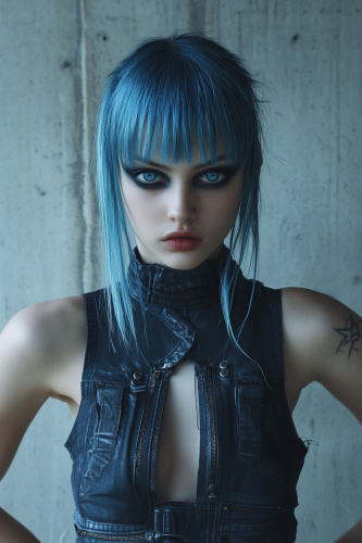 A futuristic cybergoth girl with blue hair