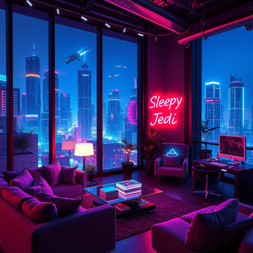 A futuristic cyberpunk loft with neon accents.