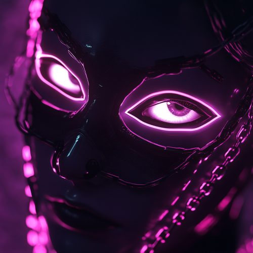 A futuristic cyberpunk mask with glowing eyes.
