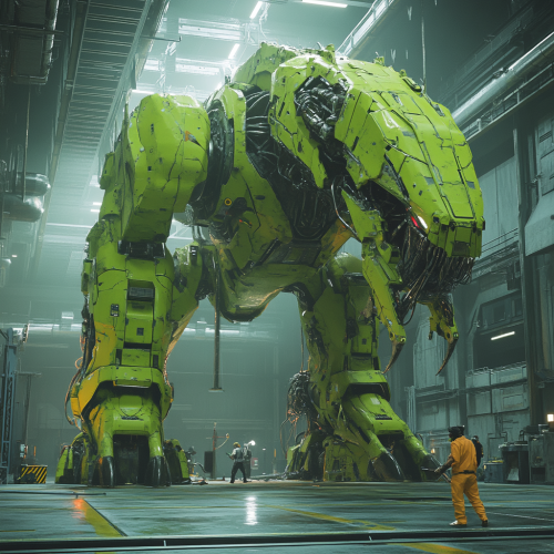 A futuristic green mech resembling a tyrannosaurus