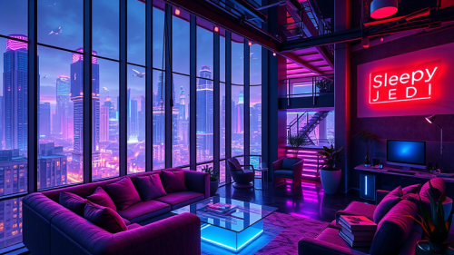 A futuristic loft with neon cyberpunk city view. A futuristic loft with neon cyberpunk city view.