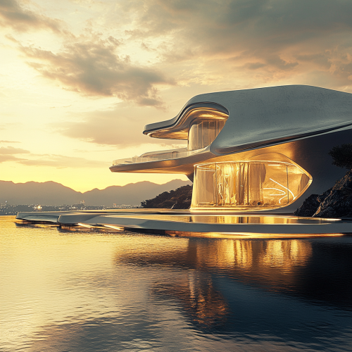 A futuristic mansion at sunset with opulent pool