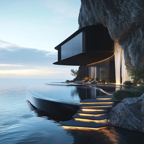 A futuristic mansion on a cliff above the ocean