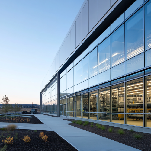 A futuristic manufacturing plant with high-tech equipment inside