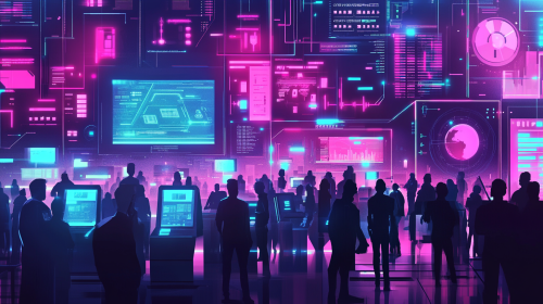 A futuristic office with neon lights and crowd