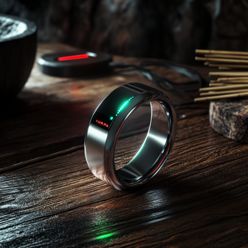A futuristic ring on wooden table with technology features.