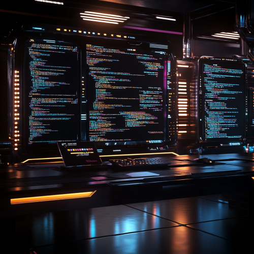 A futuristic workspace with holographic screens displaying code