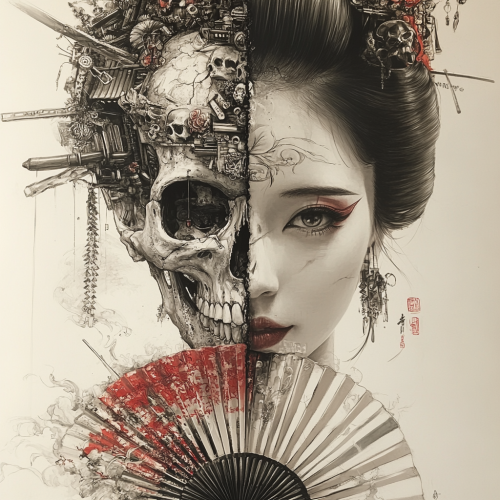 A geisha with half skeleton, half human face