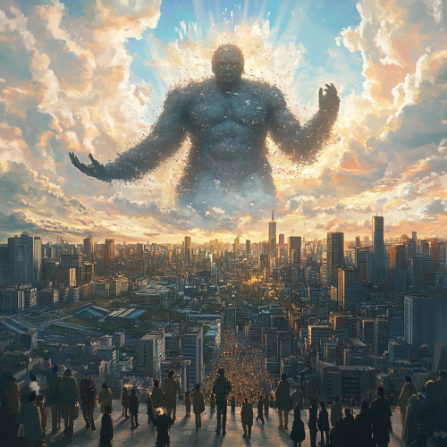 A giant god greets humans in anime city A giant god greets humans in anime city