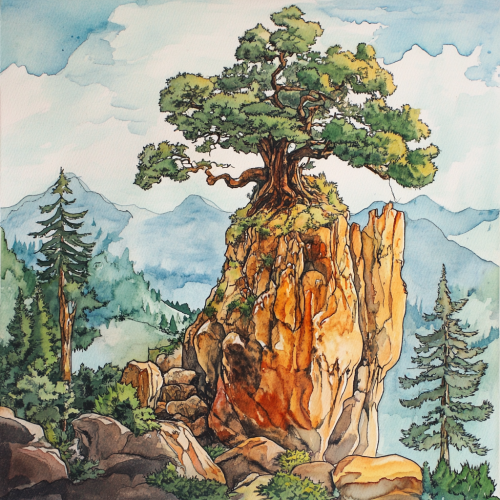 A giant tree growing up mountain in watercolor