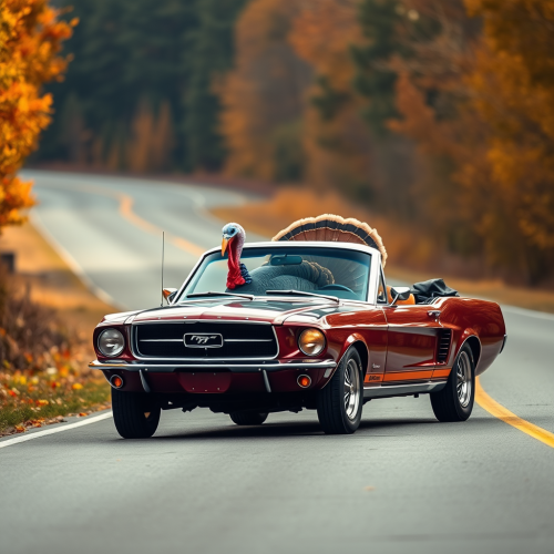 A giant turkey drives Ford Mustang on road.