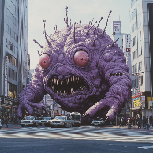 A gigantic purple monster with red eyes