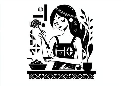 A girl cooking ragù in Tim Burton-inspired mosaic.