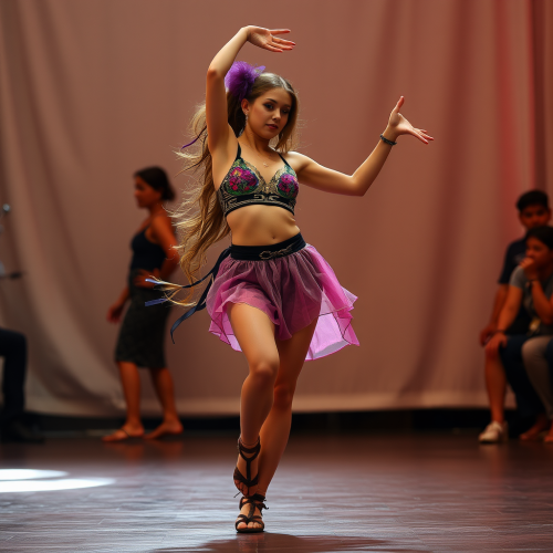 A girl dancing gracefully in a pink dress.