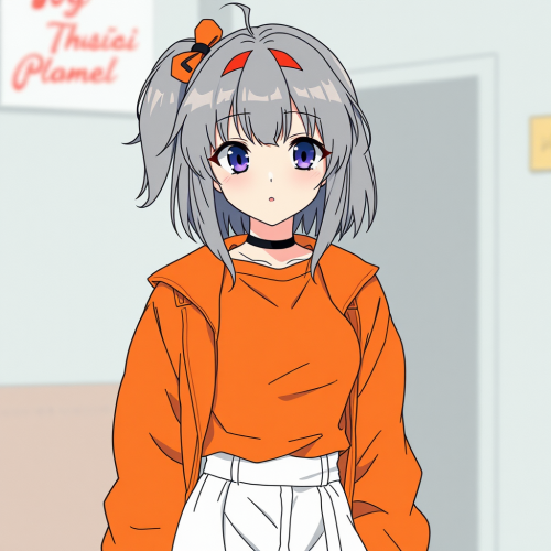 A girl in retro anime style with grey hair.