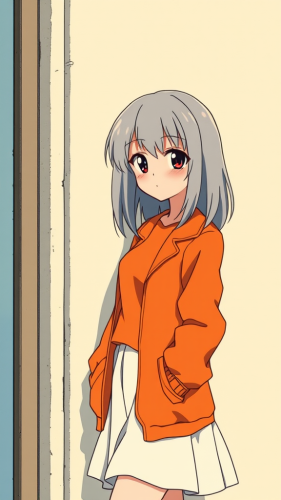 A girl in retro outfit leaning against wall