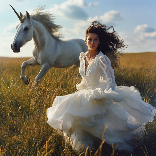 A girl in white dress with unicorn, running