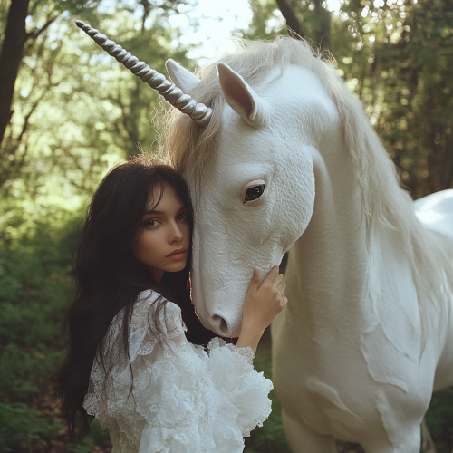 A girl in white dress with unicorn in forest