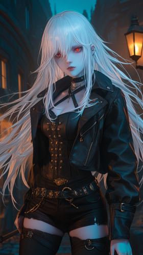 A girl in white with red eyes in city