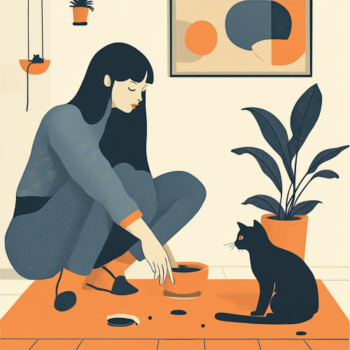 A girl playing with a cat in calm colors
