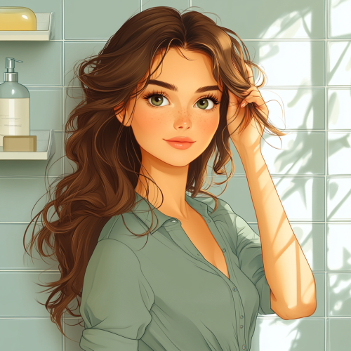 A girl touching her curly hair in bathroom