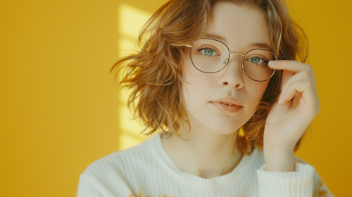 A girl with glasses on yellow background