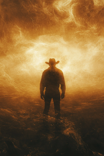 A glowing cowboy in desert sandstorm