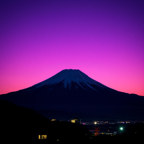 A glowing pink sky above Mount Fuji.