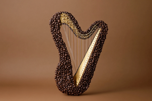 A golden harp made of coffee beans