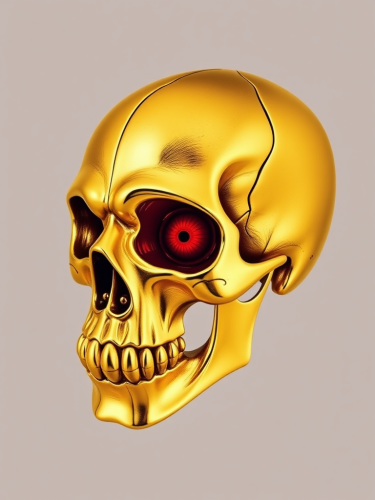 A golden skull with a red eye.